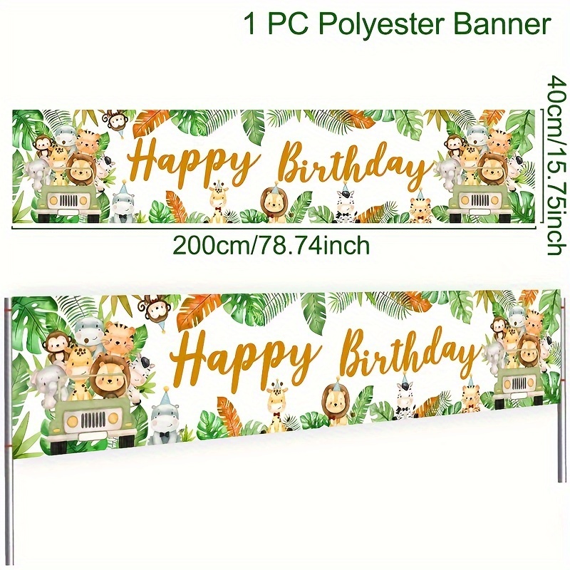 Image of 1pc, Happy Birthday Banner For Driving Animals, Backdrop Jungle Animals Theme Birthday Party Background Decorations, Wild 1 1st Birthday Party Banner Supplies