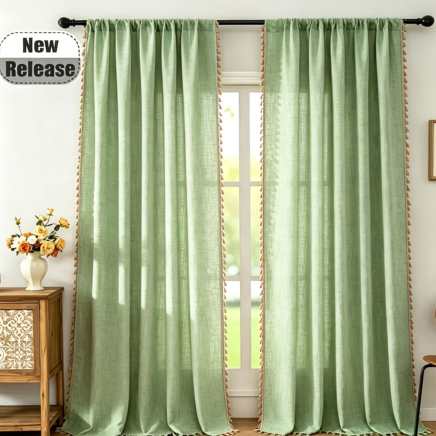 TEMU 1pc American Tassel Curtain, Double-sided Linen Texture, Versatile Gauze Curtain, Thickened Fabric, Suitable For Living Room, Bedroom Windows,