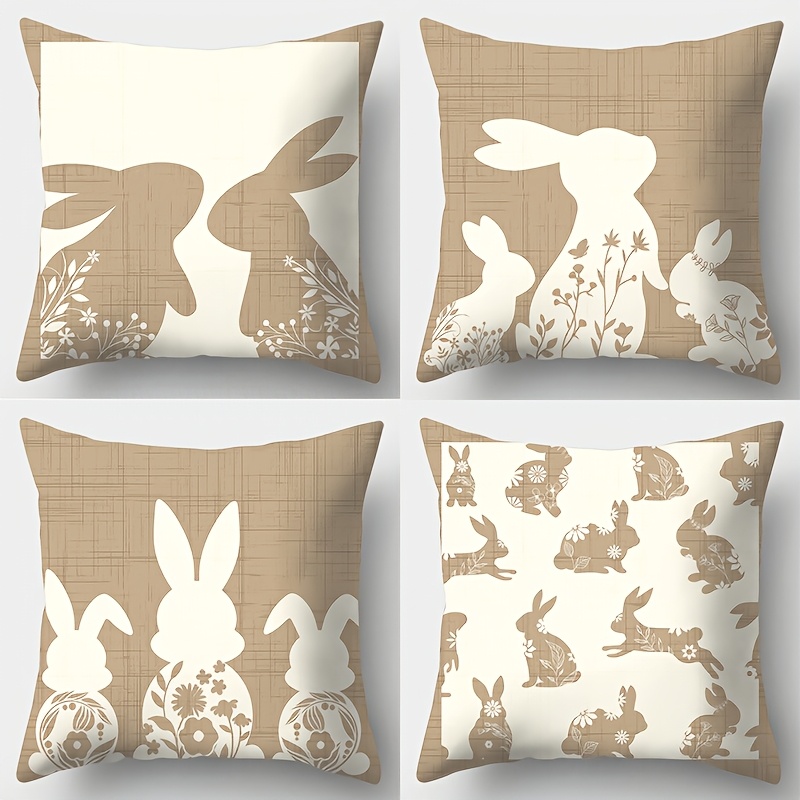 

4-pack Contemporary Easter Bunny Pillow Covers, 17.7"x17.7" Polyester Decorative Zippered Cushion Cases With & Floral Prints For Living Room Sofa Decor, Machine Washable