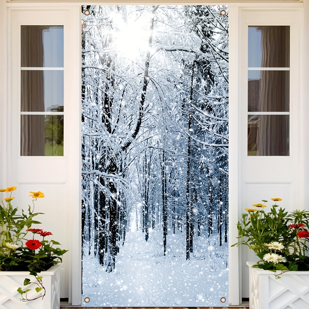 

1pc, Winter Forest Wonderland Snow Scenery Door Cover, Polyester Snow Scenery Pattern Ornament Merry Christmas Banner Background Decoration Wall Background Party Supplies (35 X 70 Inches)