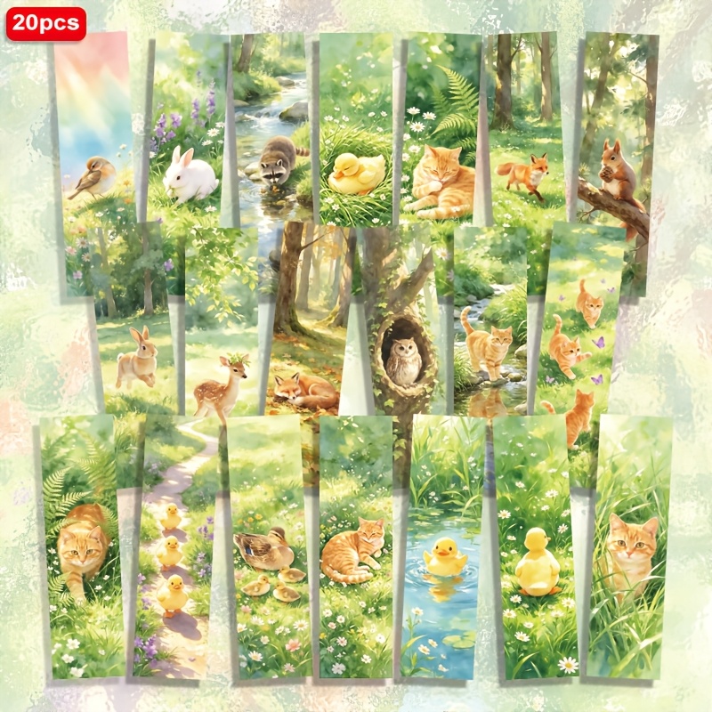 TEMU 20pcs Watercolor Cute Forest Animals, Chickadee Deer Duck, Fox Squirrel Rabbit Patterns 1.5in X 5.9in Rectangular Paper Bookmarks, Daily Reading