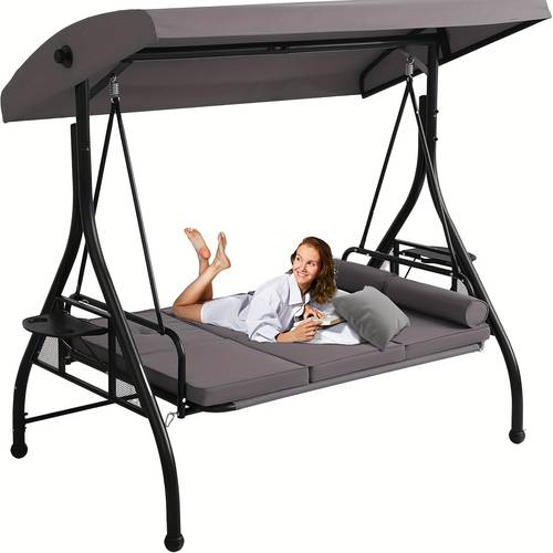 3 seat outdoor patio swings with canopy adjustable porch swing with stand upgrade pillows cushions and foldable side tray for patio backyard