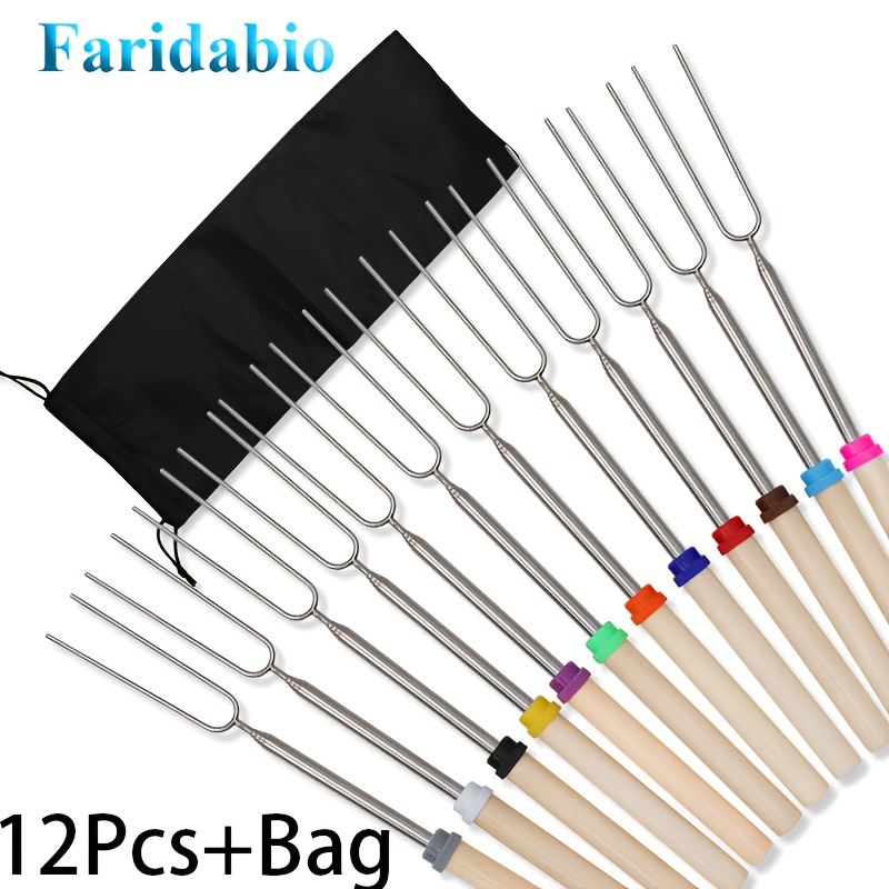 TEMU 12 cure-dents BBQ extensibles en acier inoxydable - Brochettes S' durables en acier inoxydable avec manches en bois et sac de transport portable