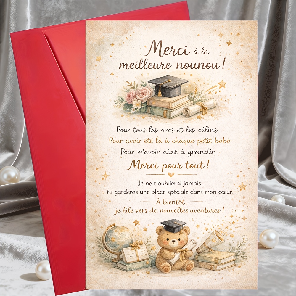 TEMU 1 Carte de vœux + 1 Enveloppe Nounou Carte de remerciement pour nounou ou soignante Thème de de diplôme et livres Cadeau d'appréciation