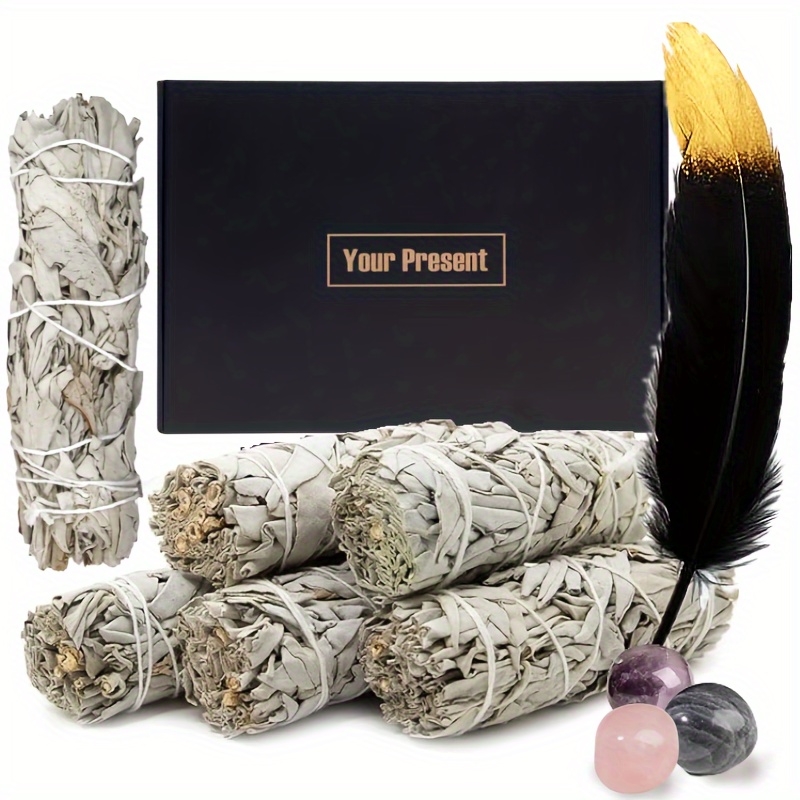 

1/3/6 Pcs, White Sage Smudge Sticks With Cleansing Feather & Rolling Stone Crystal, Smudging Kit With Guide