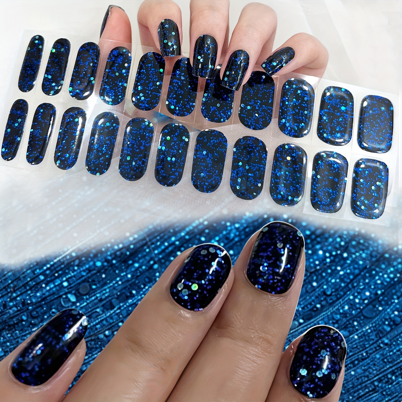 Image of A Sheet Of 22 Blue Glitter Nail Stickers, Featuring A Design That Curing With . - Nail Art Decoration Stickers That Make Your Fingertips Look Beautiful And Elegant
