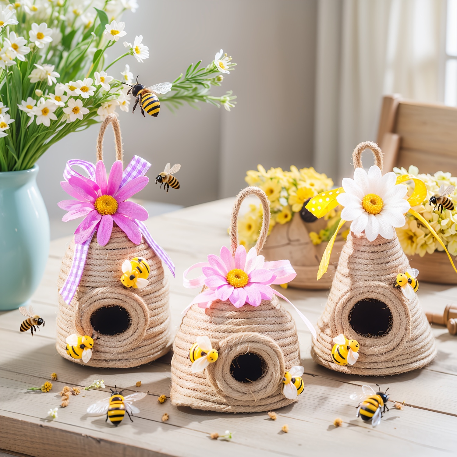 

3pcs Vintage Linen Bee Hive Decor Set, Rustic Farmhouse Table Centerpiece, Bumble Bee Themed Party Supplies, Universal Holiday Decor, No Electricity Needed, Featherless