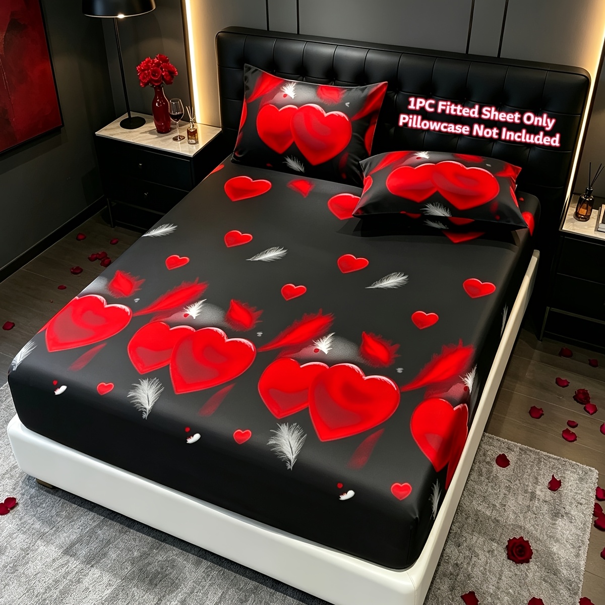 TEMU 1 drap-housse rouge à imprimé cœur, lavable en machine, et confortable. Léger et respirant, idéal pour à coucher. rembourrage, taie d'oreiller