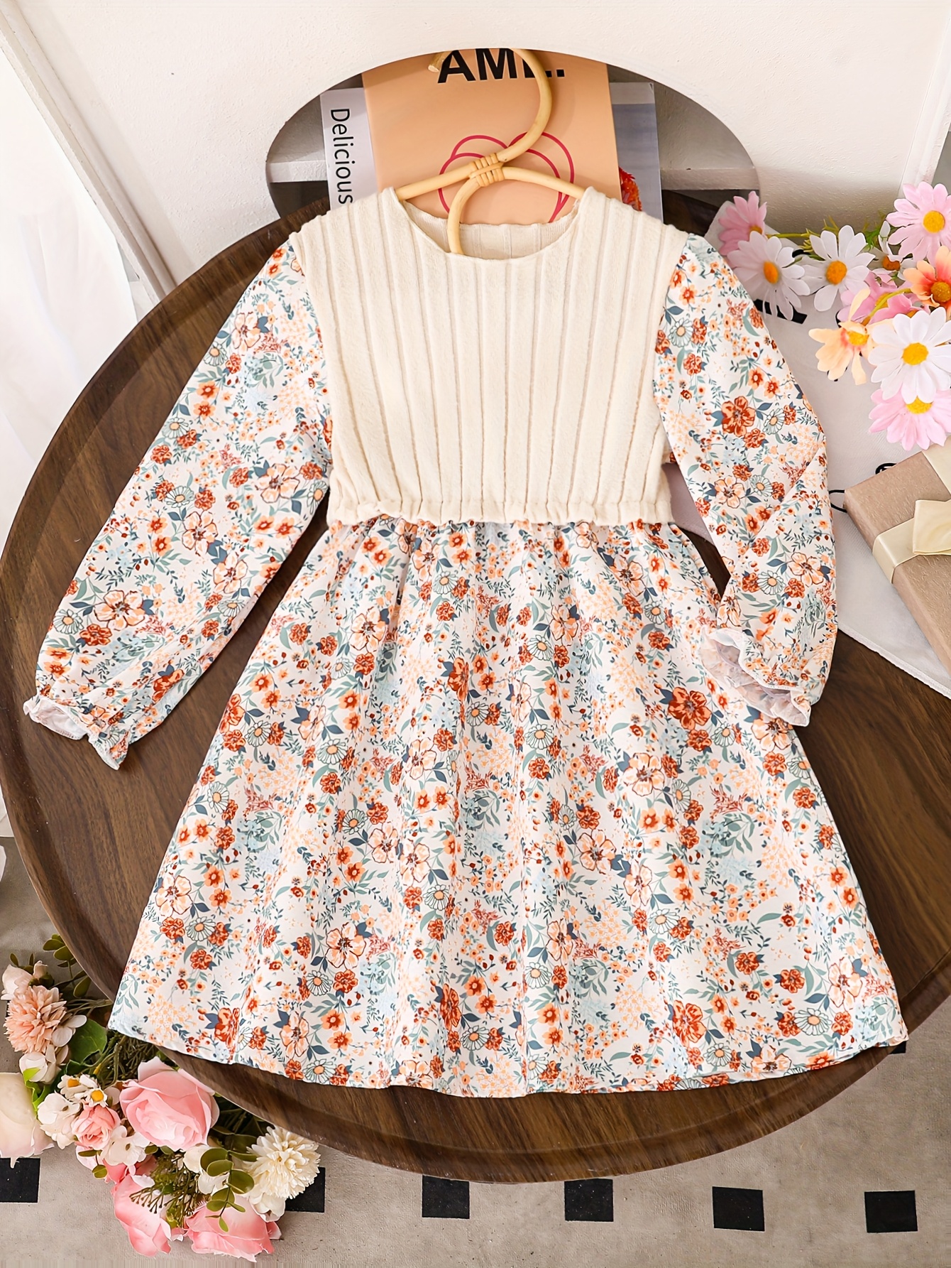 teen girls' fashion casual square neck tulip sleeve leaf print skirt dress  with detachable belt, for teenager - kids' fashion - Temu