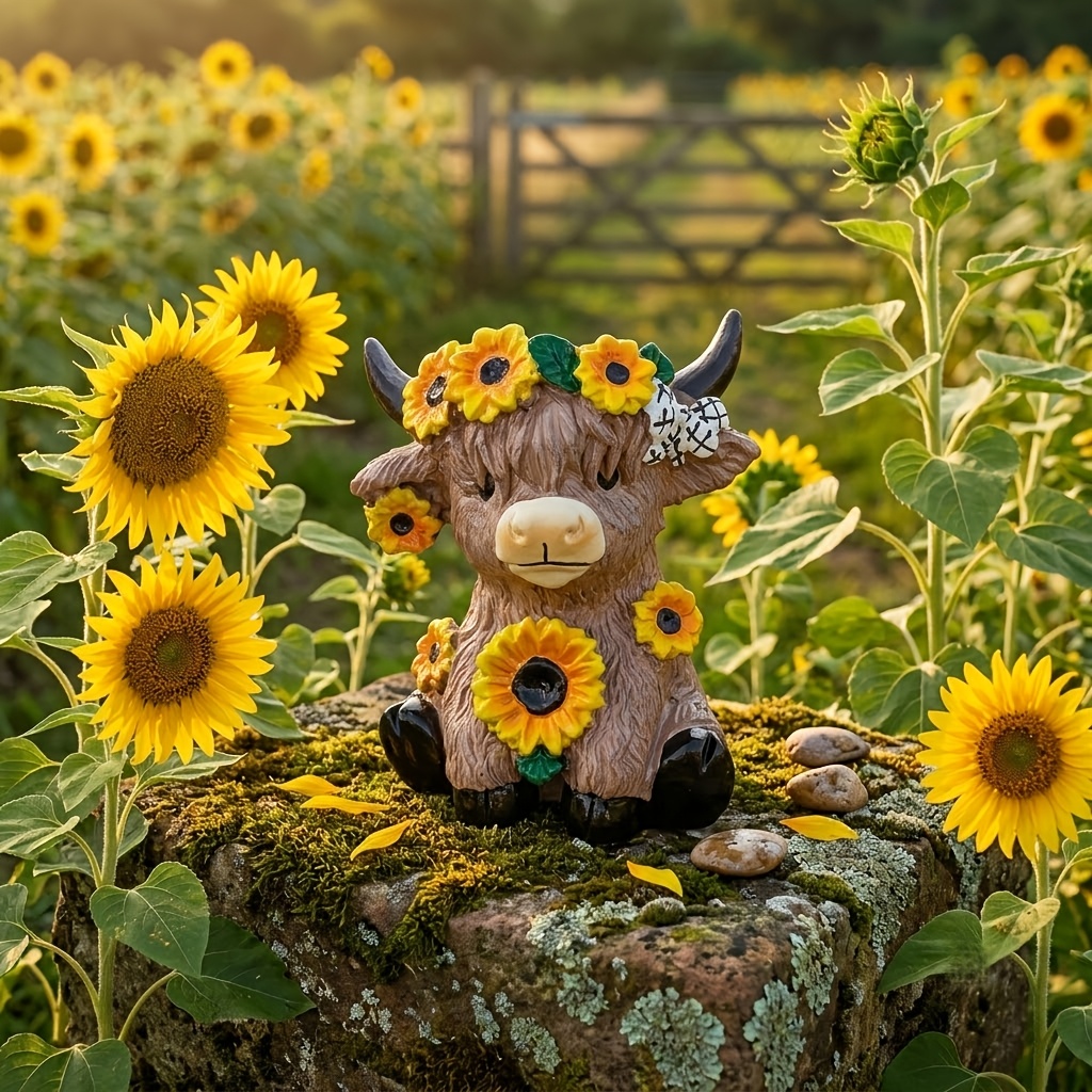 TEMU Cute Highland Cow Shaped Succulent Planter, Resin Mini Animal Pot, With Sunflower Pattern, Decorative Small Flower Pot, With Drainage Holes,