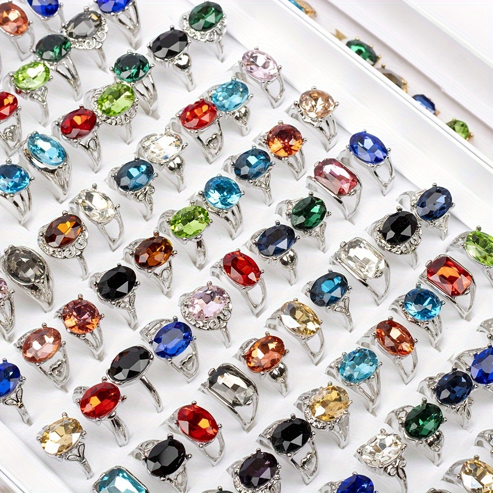 TEMU Lot de 10 pièces/paquet Bagues pour femme en alliage de incrustées de verre coloré de luxe, style vintage élégant, ensemble multi-pièces pour