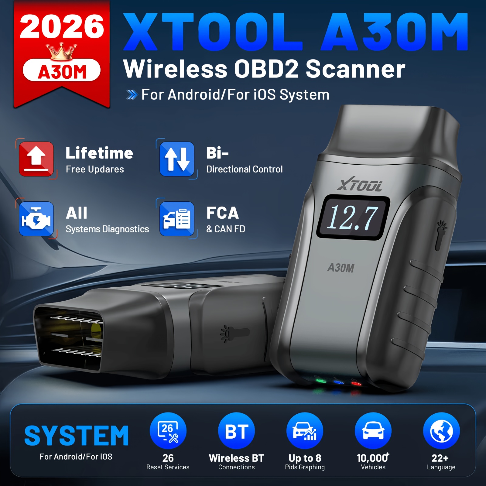 XTOOL Anyscan A30M V2.0 (2026) Wireless OBD2 Scanner, 26+ Reset Services, 22 Languages, Bidirectional Full System Diagnostic Tool, FCA, CAN FD Protocol & Lifetime Free Updates