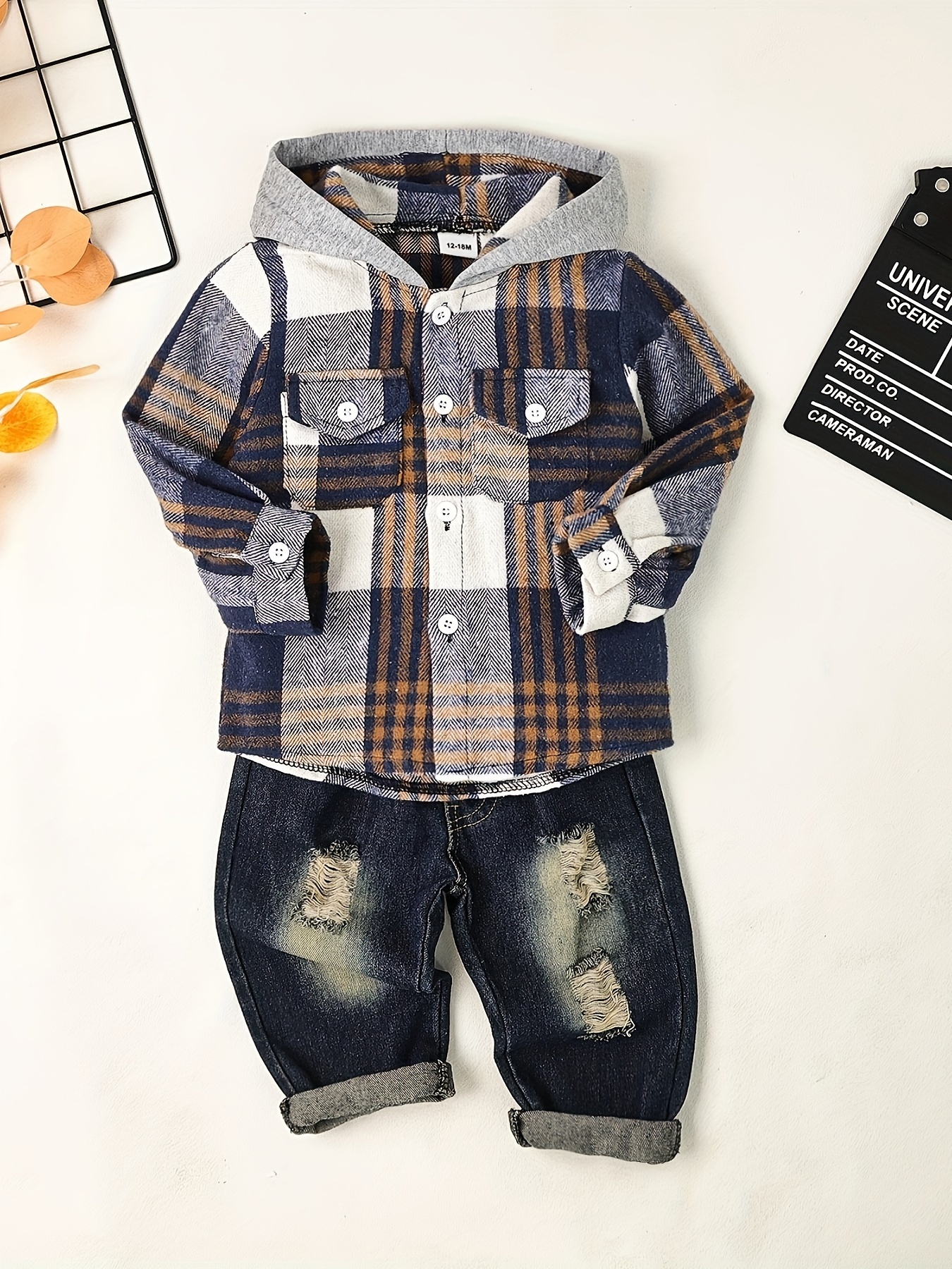 Boy Clothes Toddler Boy Fall Outfits Winter Long Sleeve Plaid Hooded Sweatshirt Pocket Ripped Holes Jeans Clothing Set Dark Khaki 12Months-5T, for Outdoor