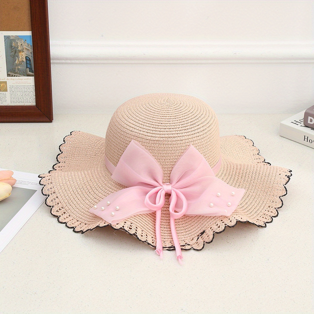 women summer straw sun hat wide brim pearl big bow decor - Temu display picture 3