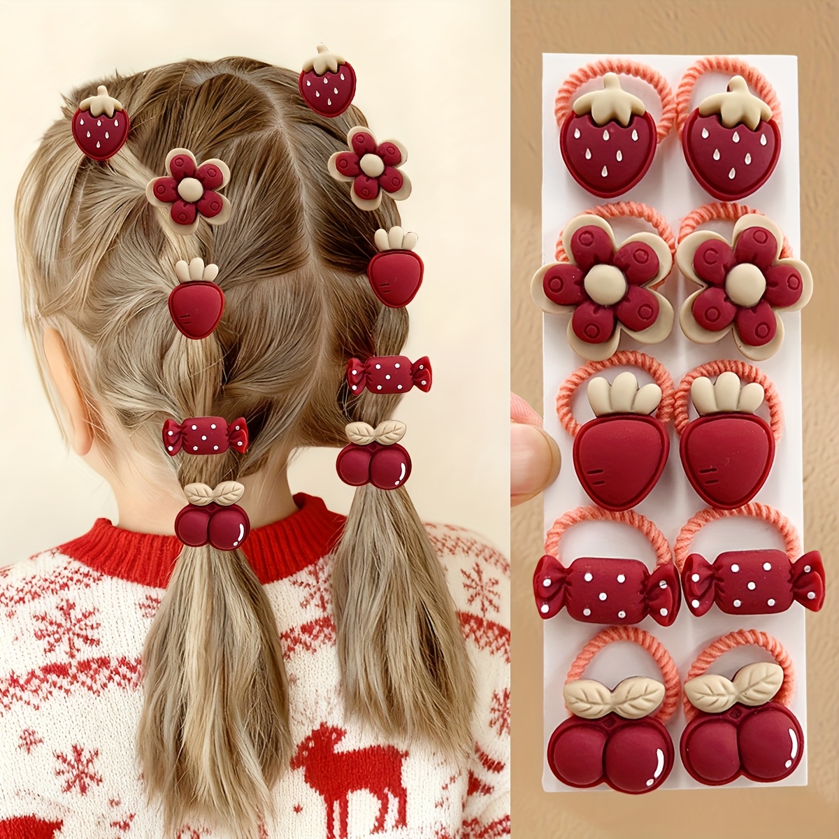 Image of 10 's Hair Additions Colorful Flowers Fruit Hair Ties - Elastic Small Hair Rope Headwear