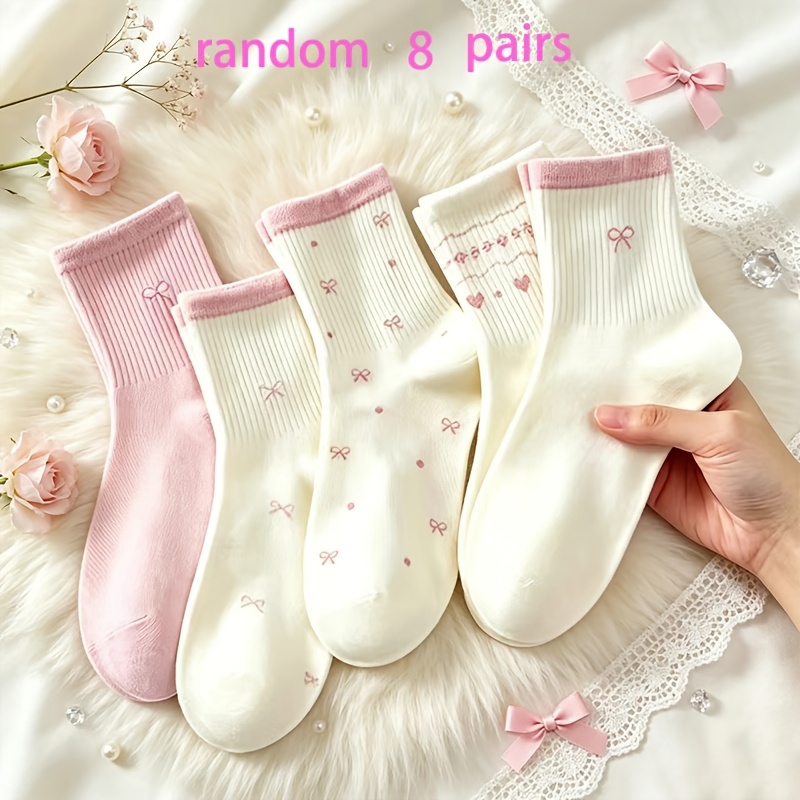 TEMU Random 8 Pairs Women's Pink- Bow Pattern Sweet Girly Mid-calf Socks, Fashion Trendy Socks, Comfortable For Daily Wear, Casual Easy Style