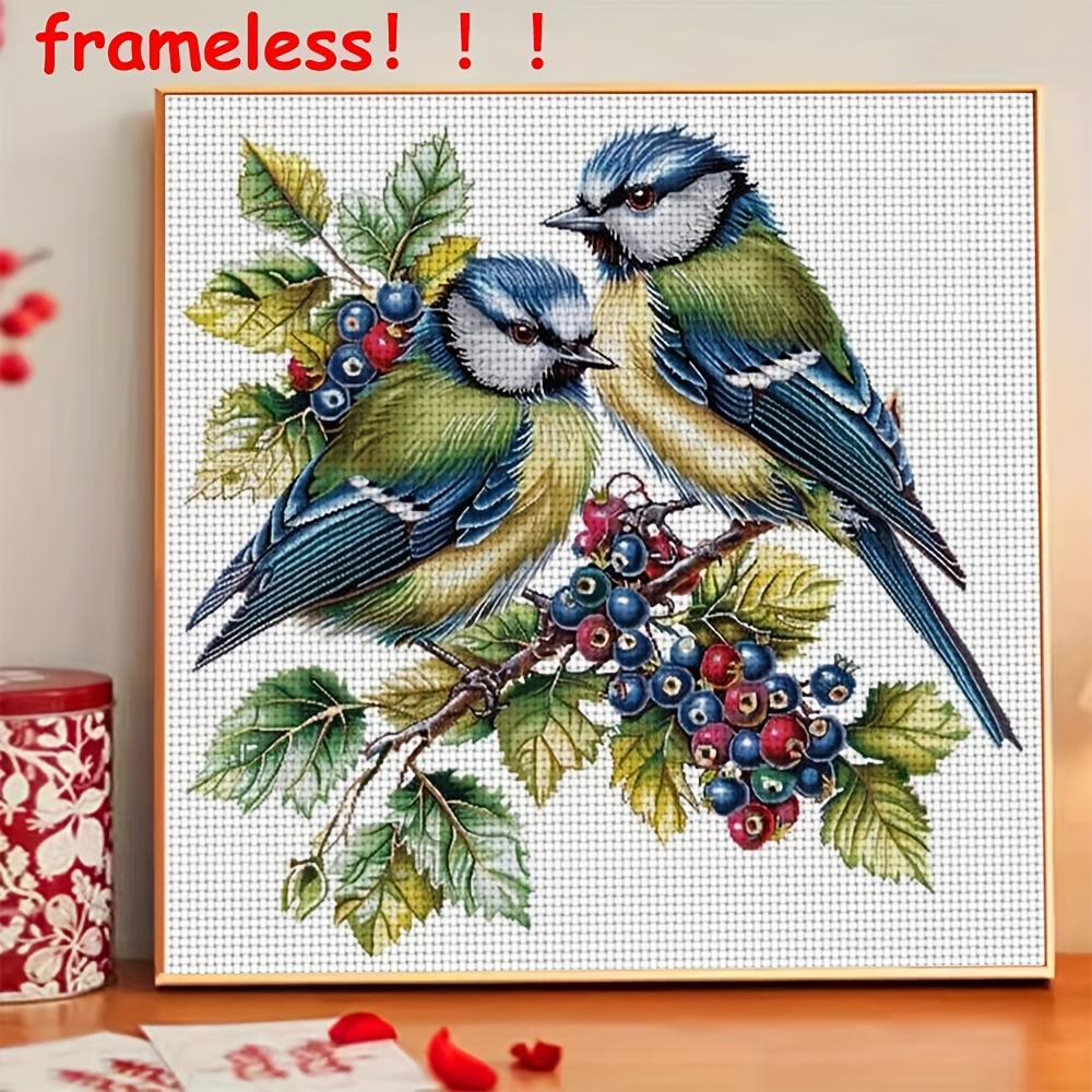 TEMU Kit de broderie point de croix cadre à soi- 11CT, 1 lot - oiseaux colorés sur une branche de , œuvre d'art à , convient aux adultes et aux
