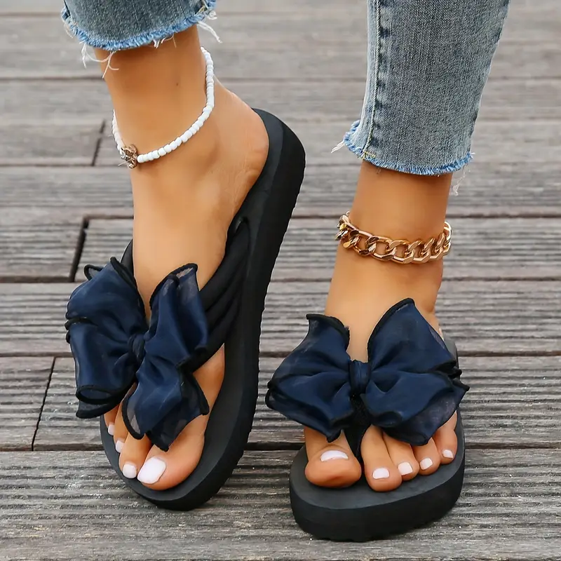 womens flip flops with bow detail summer trendy non slip indoor outdoor elevated beach slides vacation travel essential details 0
