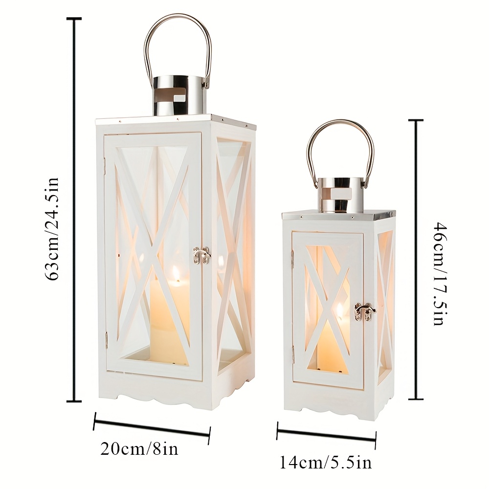 Image of Set Of 2 Farmhouse Wooden Lanterns | Metal Decorative Candle Holders With Clear Glass, Rustic Hanging Lantern For Home Decor, Floor Mount, Lacquered End, Rectangle Shape (candles Not Included)