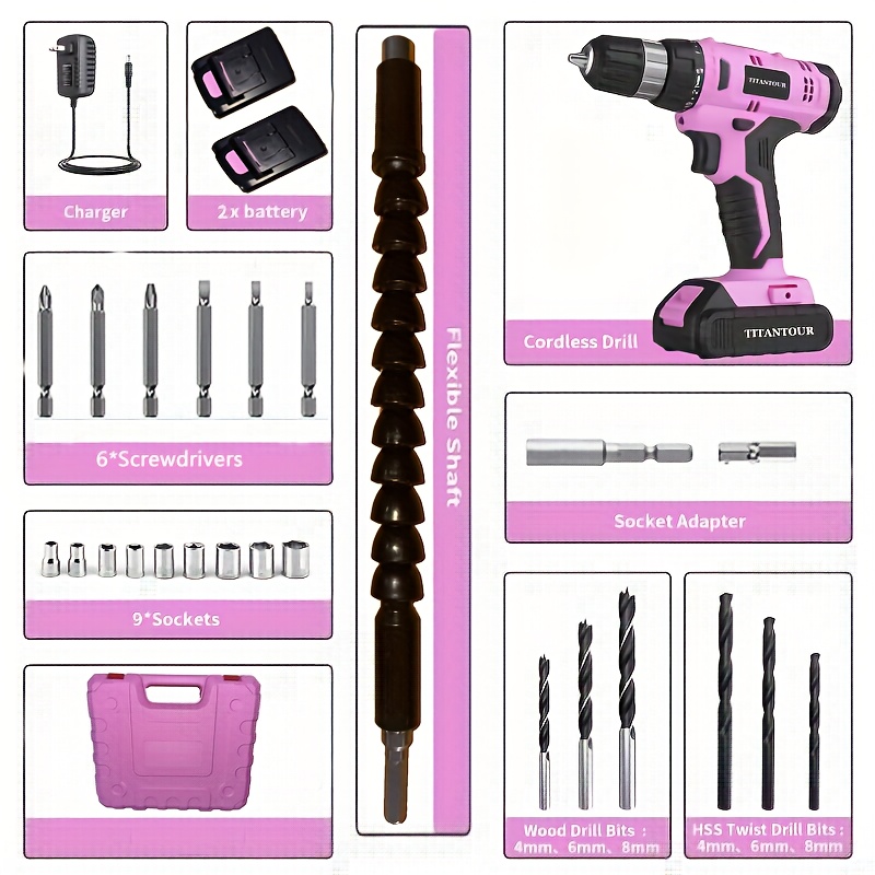 Designed for Women, 24pcs Pink Rechargeable Lithium Drill Tool Set  Batteries, Charger, Screwdriver Bits, And A Home/outdoor Mai