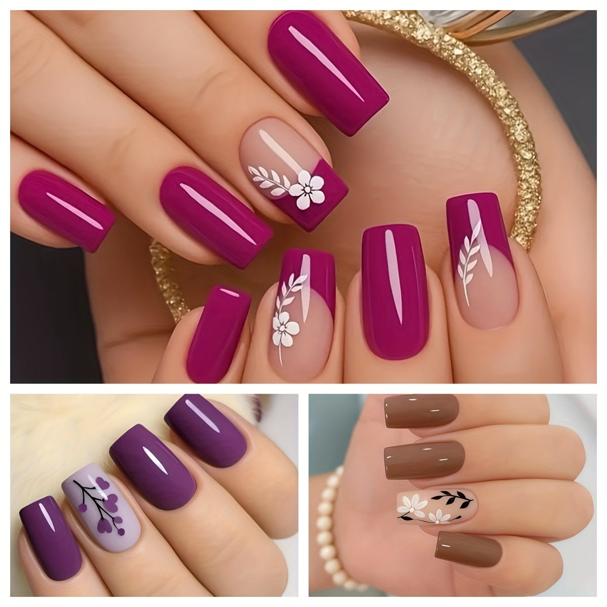 TEMU 72pcs 3 Boxes Of Women's Fake Nail Set Purple Rose Red Manicure Medium Length With Flower Plant Solid Color Glossy Surface Easy And