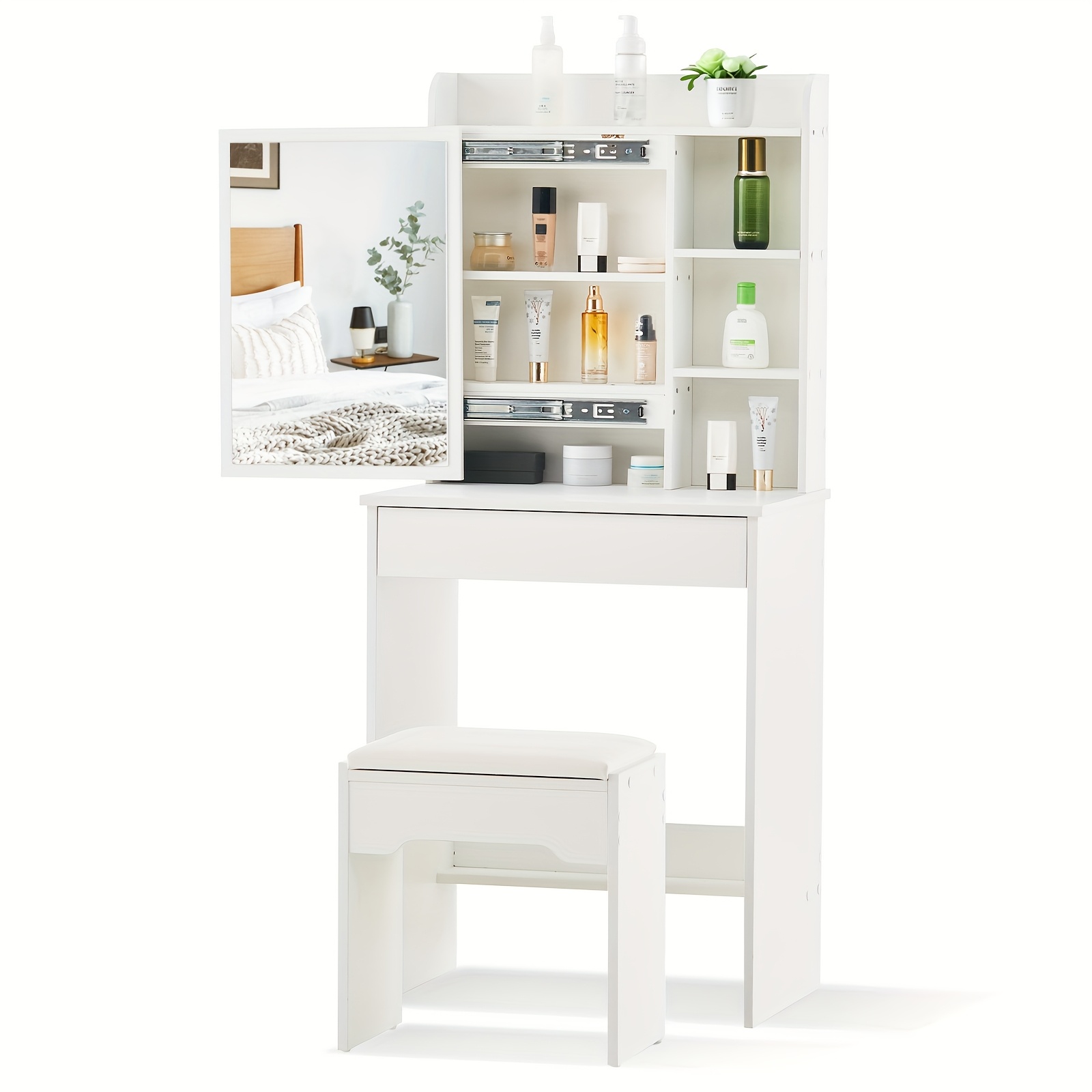 E-shop Schminktisch mit Spiegel und Hocker, 1 Schublade 6 Ablagen Schminktisch Make-up Schreibtisch Moderner Holz Schminktisch für Schlafzimmer