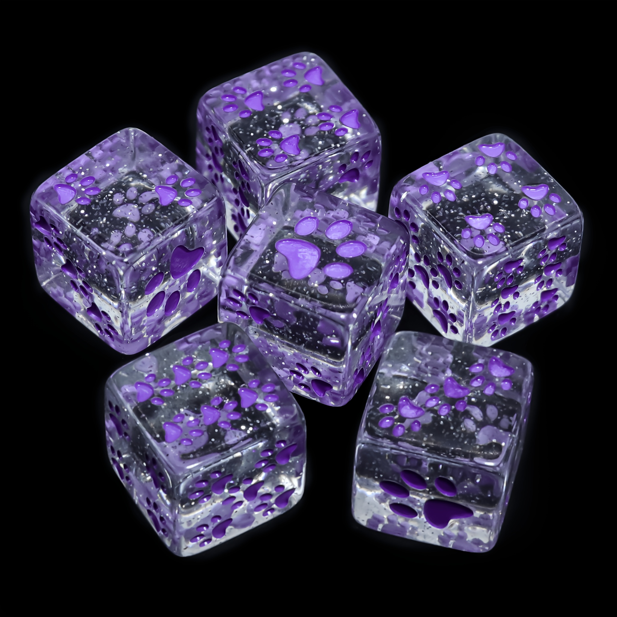 6pcs Aesthetic Purple Paw Print D6 Dice Set, Kawaii