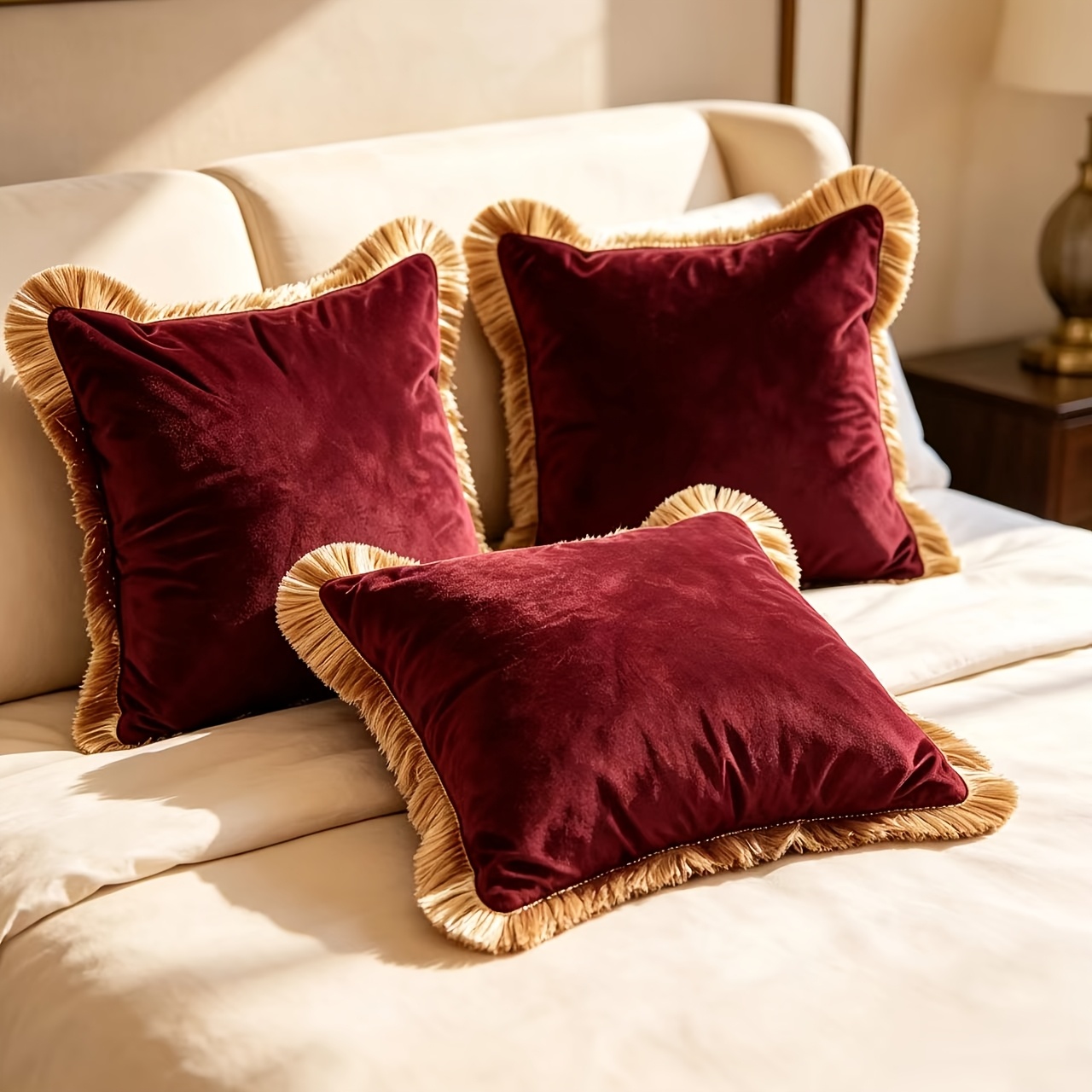 TEMU Taie d'oreiller de luxe haut de gamme rouge vin et doré avec bordure à franges, velours , tissu confortable, coussin pour vitrées, chambres,