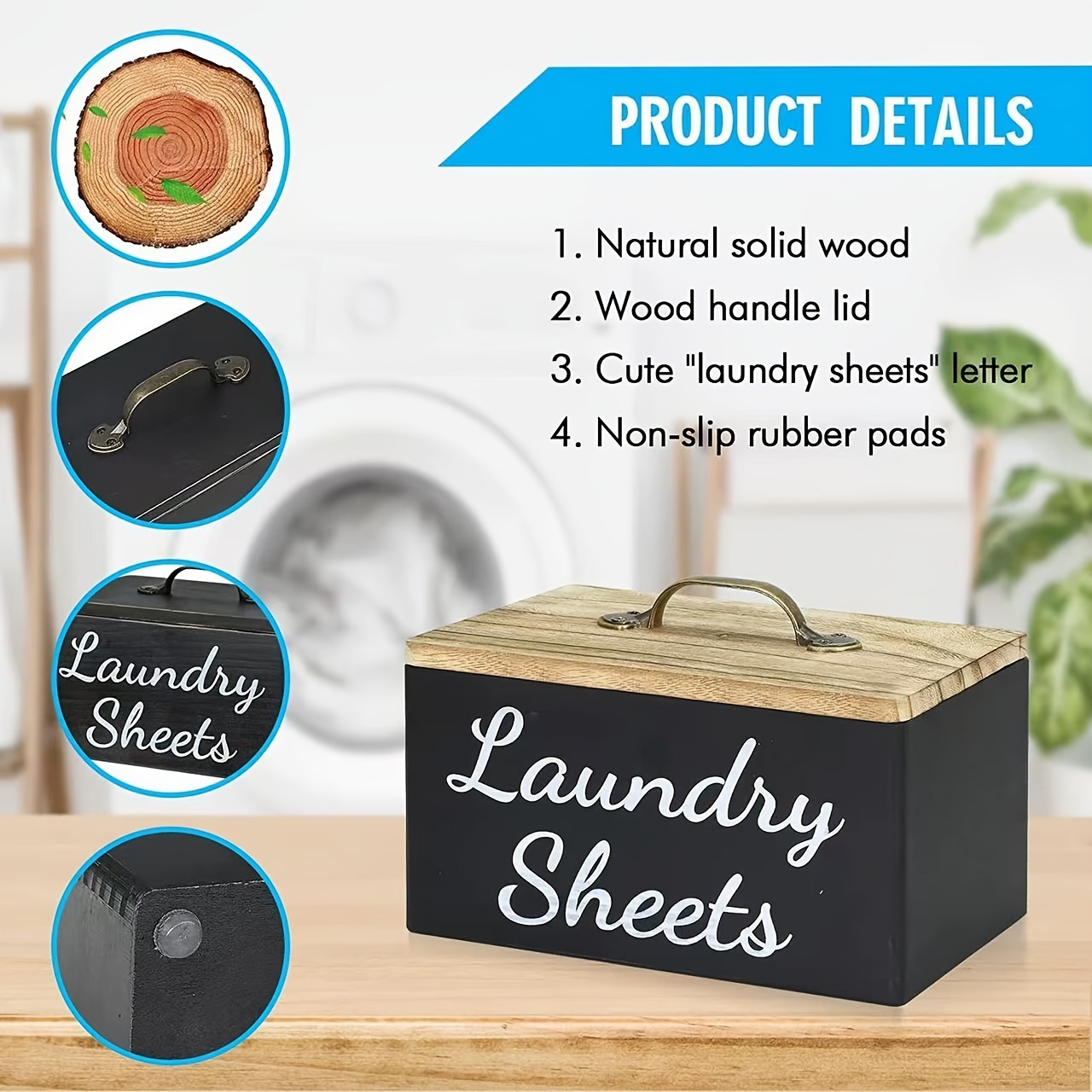 

1pc Rustic Wooden Laundry Sheet Storage Box With Lid, Solid Wood Countertop Organizer For Laundry Room, Non-slip Rubber Pads, No Electricity Needed