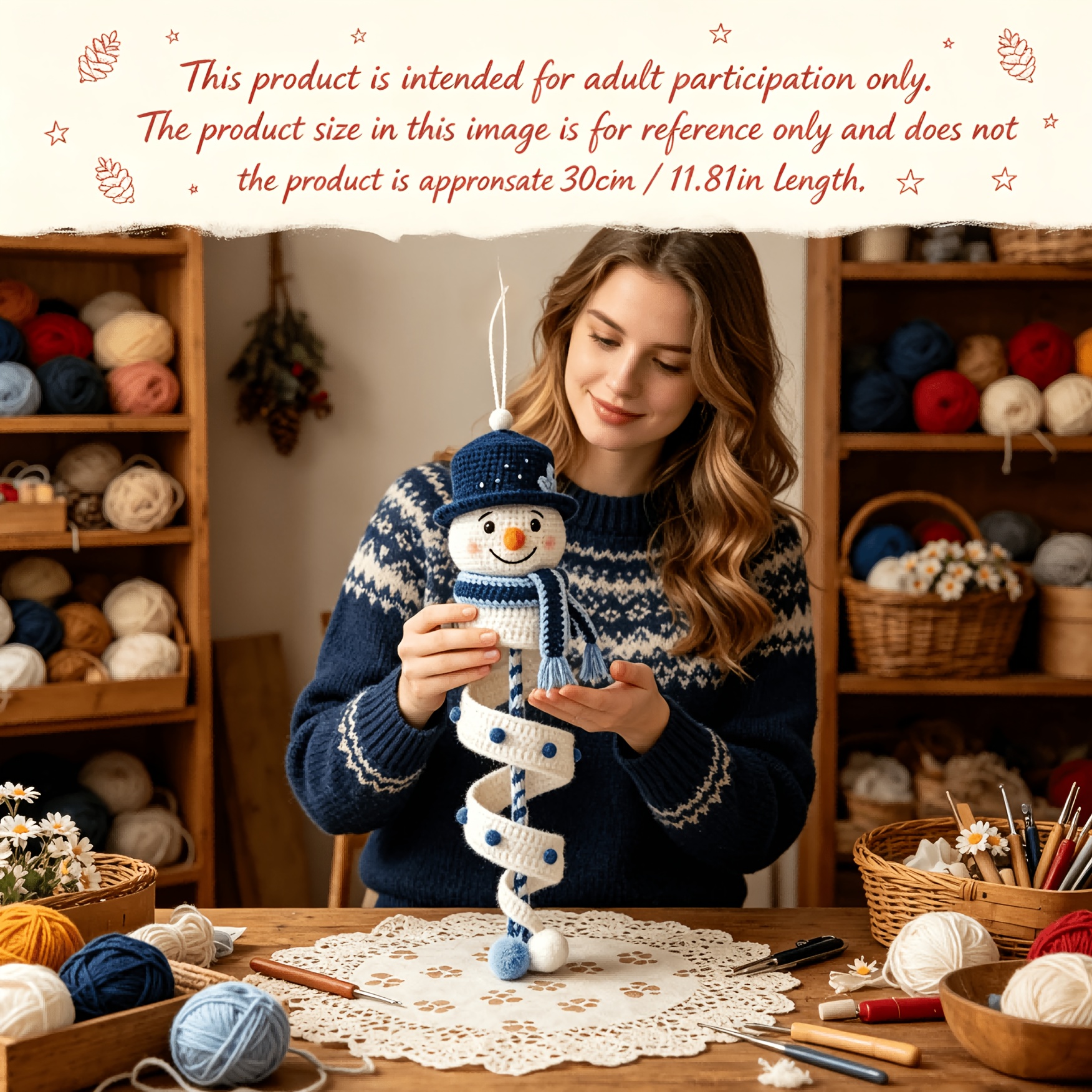 TEMU Kit de Crochet Carillon à Vent de Neige Bleu de Noël 15 cm/5,91 po | [Non ] Pendentif de Voiture Créatif, Décoration d'Intérieur Crochet