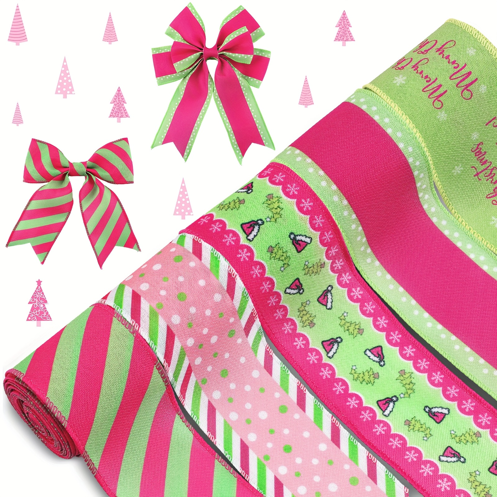 TEMU 5 Roll 30 Yard Lime Green & Pink Wired Ribbon With Red And Green Edges - 2.5 Inch Wired Edge For Strong Bending For Christmas Tree Wreaths, Bow