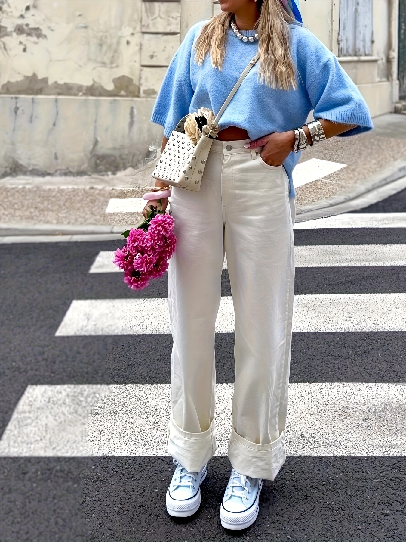 womens stylish blue sweater cozy crew neck ribbed texture Temu