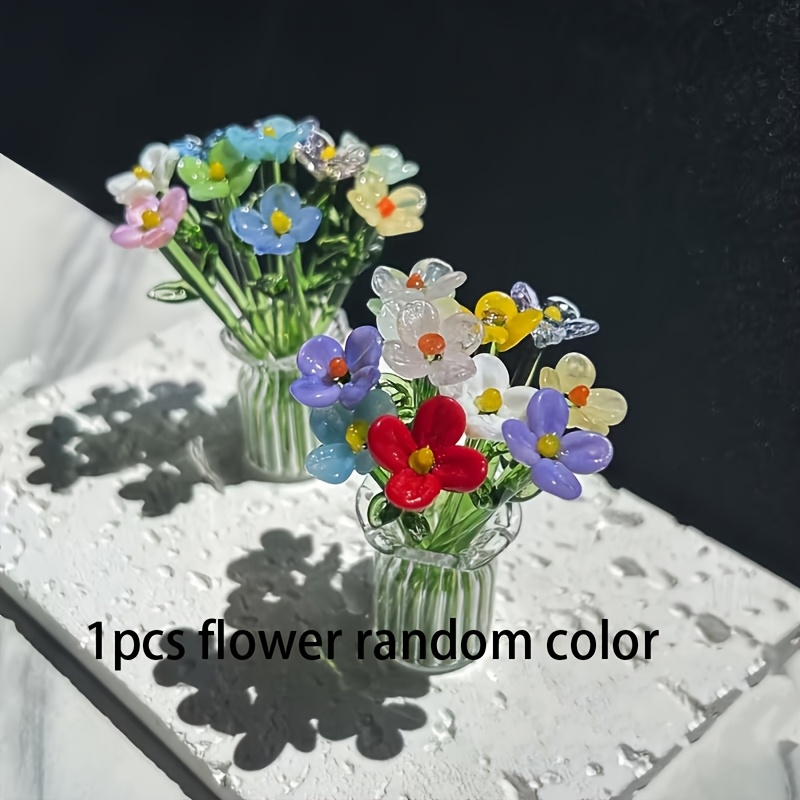 TEMU 1/5pcs Mini Glass Flower Decoration Random Color Hand Blown Glass Flower Figurines Collectible Ornaments With Vase For Mothers Day Birthday