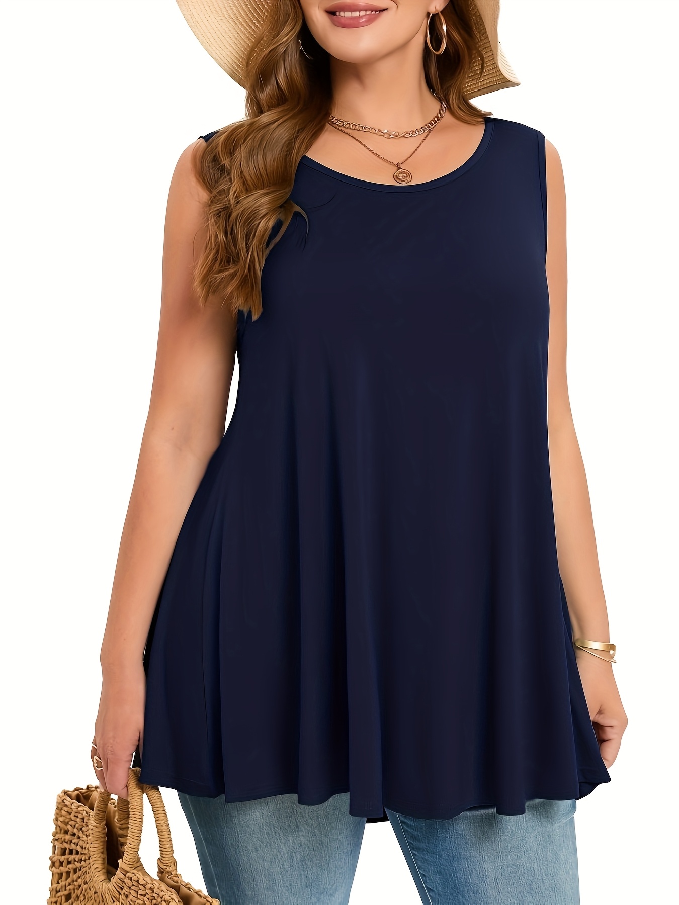 Women's Plus Size Sleeveless Olive Green Round Neck Tank Top - Loose Fit Summer Vacation Top, Machine Washable Casual Chic Shirt for Beach Outings & Lounge Wear, Summer Tank Tops