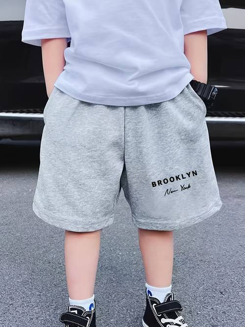 artikel foto producttitel: brooklyn lettering/cartoon print, jongens shorts geschikt voor lente zomer en ademend, pure materiaal 100%, leggings kinderen gebreid ademend all-match, jongens casual elastische taille shorts met twee zakken, voor buiten