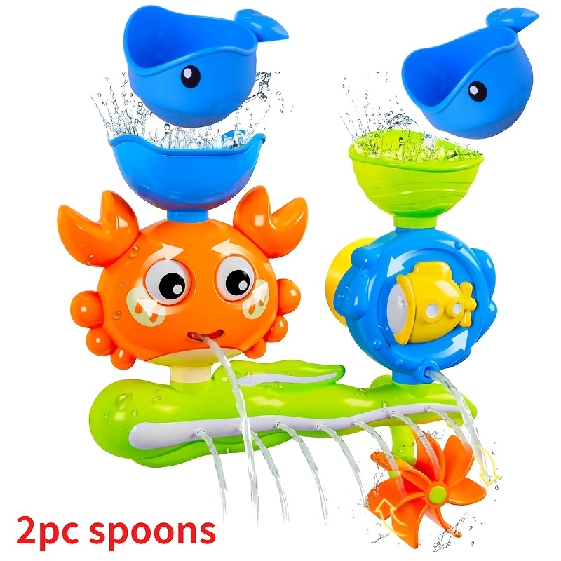 Image of Interactive Crab Windmill Toy For Infants And Young Children In The Bathroom, Equipped With Strong Suction Cups, Spinning Bath Toy For Playing In Water, And With (2pcs Spoons)
