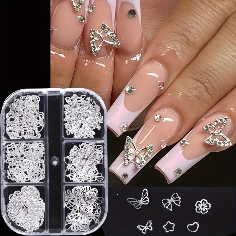 

Silver Hollow Nail Art Studs, 6-compartment Box, Unscented Nail Art Decorations With Butterfly And Flower Designs