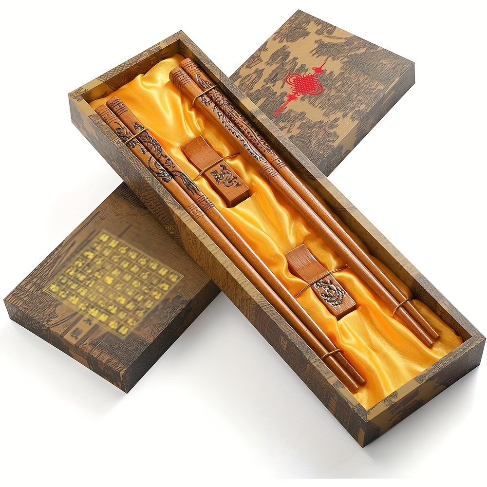 TEMU Chinese Traditional Dragon & Phoenix Chopsticks Set - Hand-carved Wooden Reusable Chopsticks With Wooden Box, Non-slip Grip, Elegant Asian Gift For Family & (9 Inch)