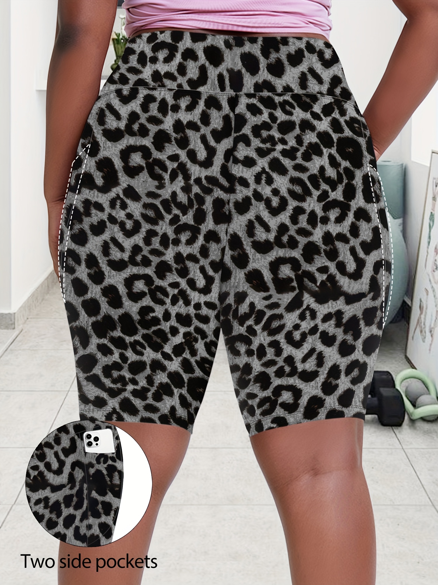 Women's High-Waisted Plus Size Side Pocket Shorts, Breathable Workout Leggings For Women, Fitness Apparel