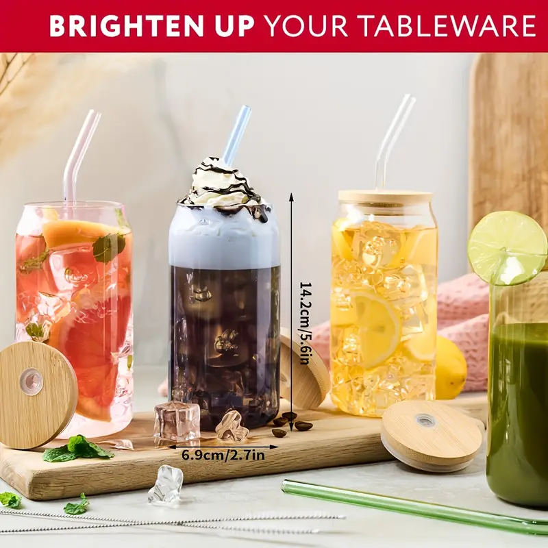 4pcs glass cups with lid and straw and styles milk tea cup drink cup iced coffee cup glass coffee cup with bamboo lid Product details 2