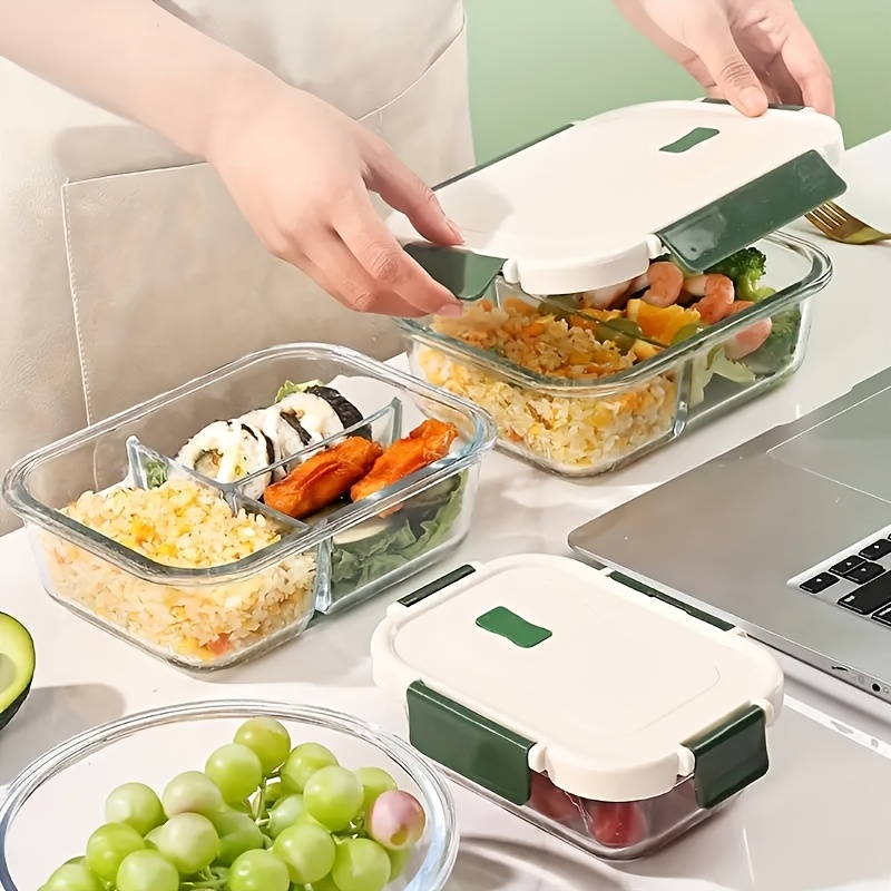 borosilicate glass lunch box 21 64oz double compartment microwave   transparent crisper with two dividers fruit theme rectangle shape manual no electricity needed with lid for workers Product details 1