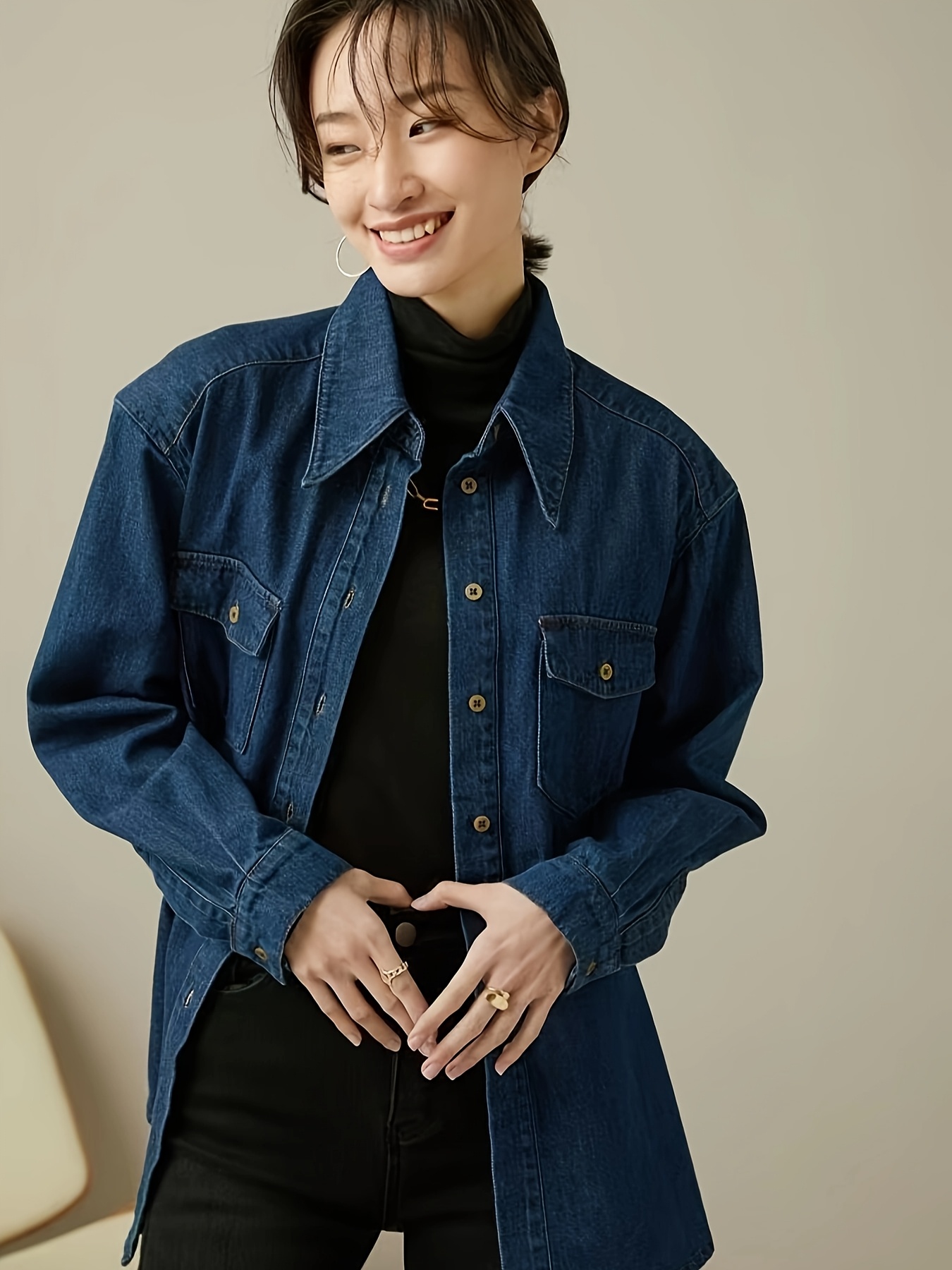 womens vintage denim shirt jacket casual longline button Temu