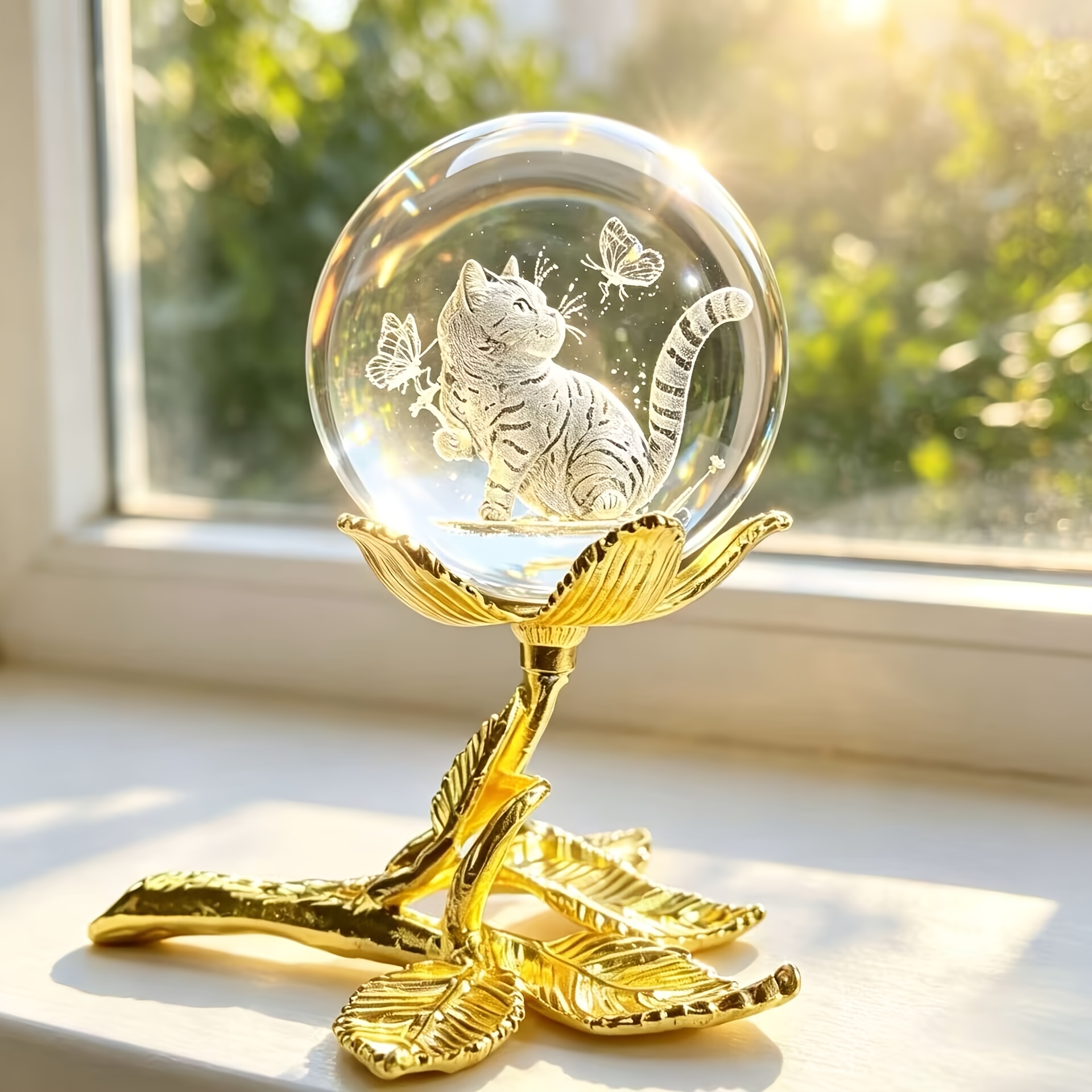 TEMU Crystal Ball Ornament With 3d Laser-engraved Sphere & Gilded For Lotus Base - Tabletop Suitable For Living Room, Entryway, Wine Cabinet Decor -