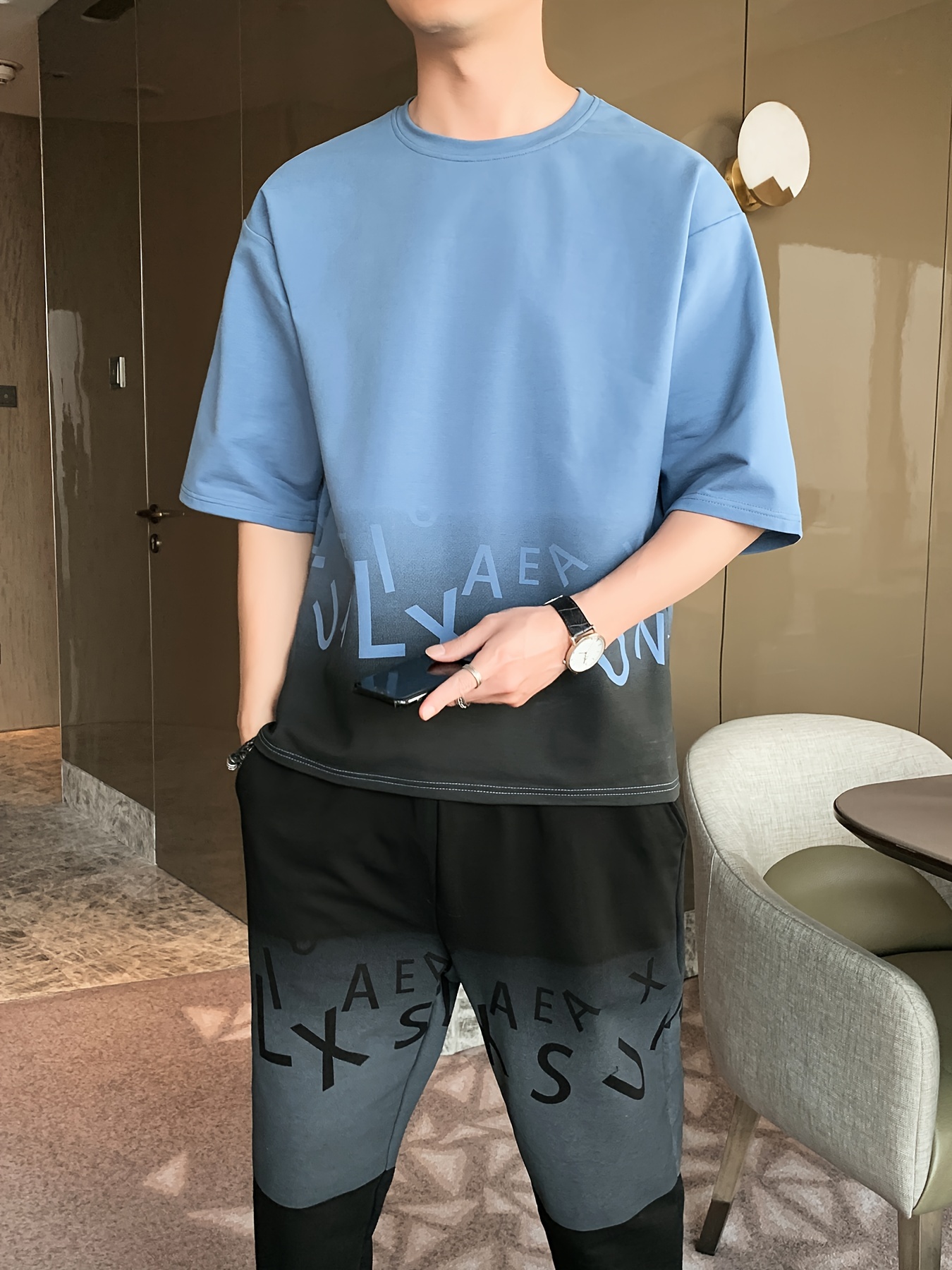 Men's Summer Casual Cotton Blend Outfit Set - Gradient Color Short Sleeve T-Shirt & Stylish Drawstring Shorts, Machine Washable
