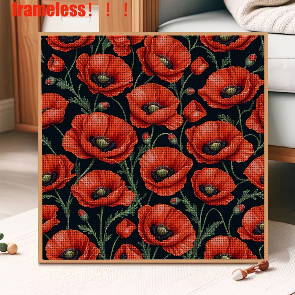 Black Background Red Flower Pattern Cross-Stitch Kit, Frameless