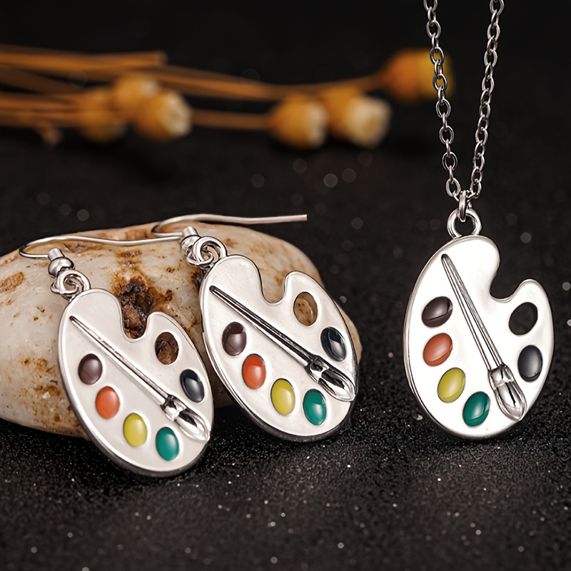 Image of 1 Set Women's Jewelry Set Creative Colorful Enamel Palette Paintbrush Earrings Necklace Set For Daily Casual Party Cute Earring Necklace Jewelry Gift Unique Birthday Present