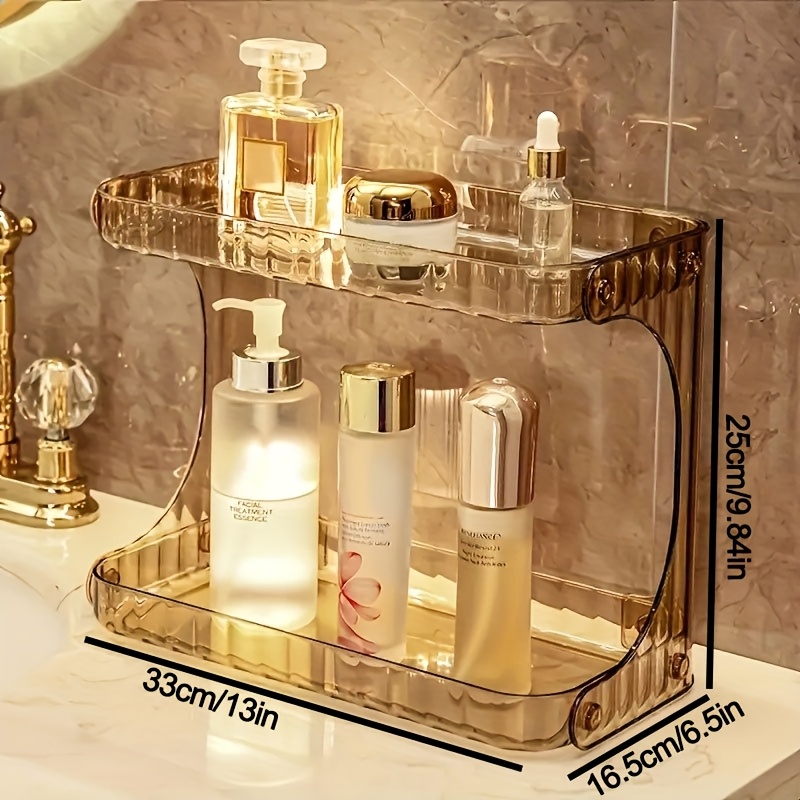 TEMU 2-tier Golden Acrylic Makeup Organizer Shelf - Transparent Plastic Bathroom Display For Cosmetics, Lipstick, Serums, Perfume & Skincare - Modern