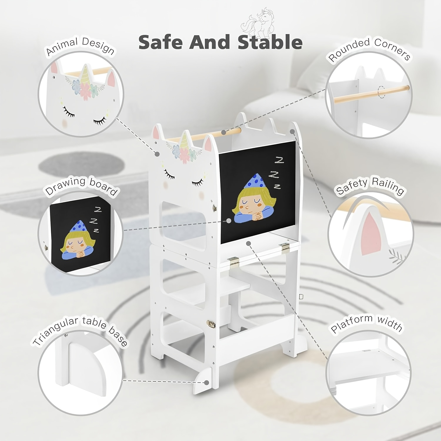 Wooden Foldable Learning Tower with Blackboard - 3-In-1 Step Stool And Assisted Standing Tower, Foldable Kids Table And Chair Set, for Toddlers 18+ Months