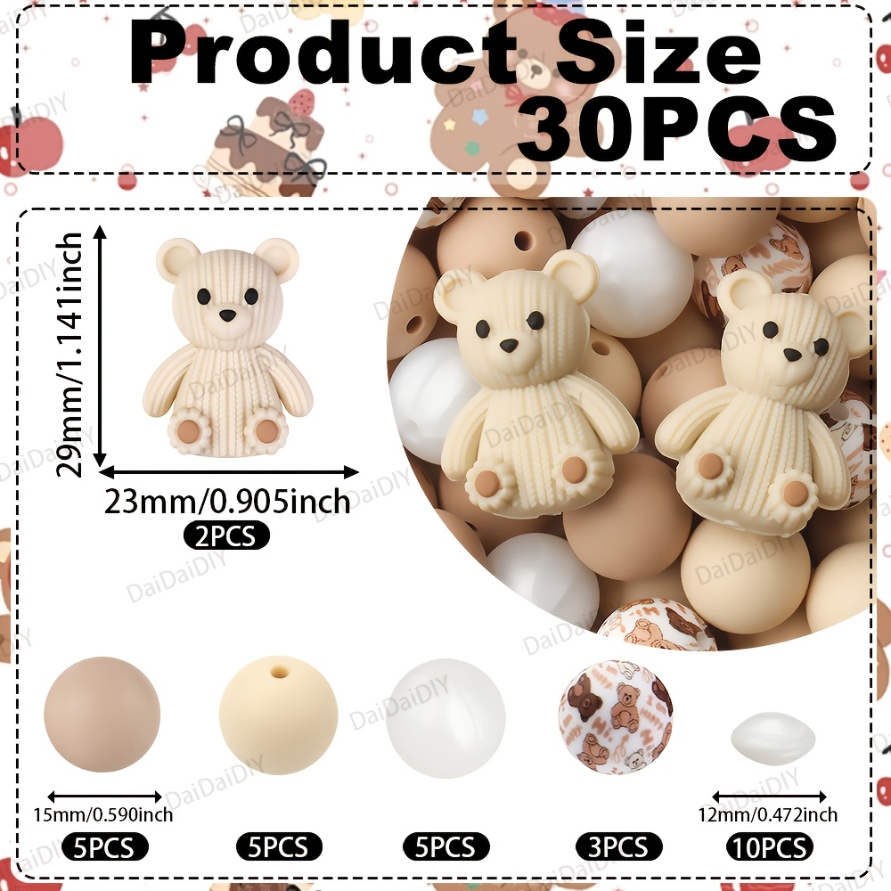 TEMU 30pcs 3d Sweater Bear Silicone Beads Set, 2027 New Bear-theme Beads Suitable For Bracelets, Lanyards, Beaded Pen, Jewelry Making Crafts, Holiday