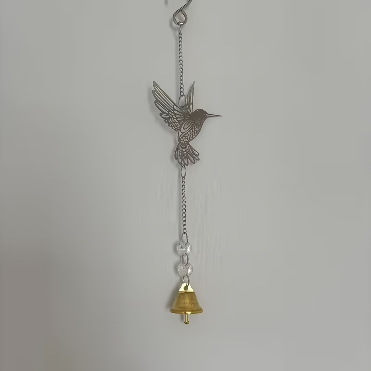 TEMU 1pc Metal Hummingbird Hanging Wind Bell Chime, Handcrafted Stainless Steel Bird Pendant With Crystal And Brass Bell, Indoor Outdoor Wall Porch